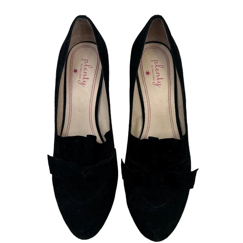 Plenty by Tracy Reese Black Suede Ruffle Bow Heels Size 37.5 US 7.5
